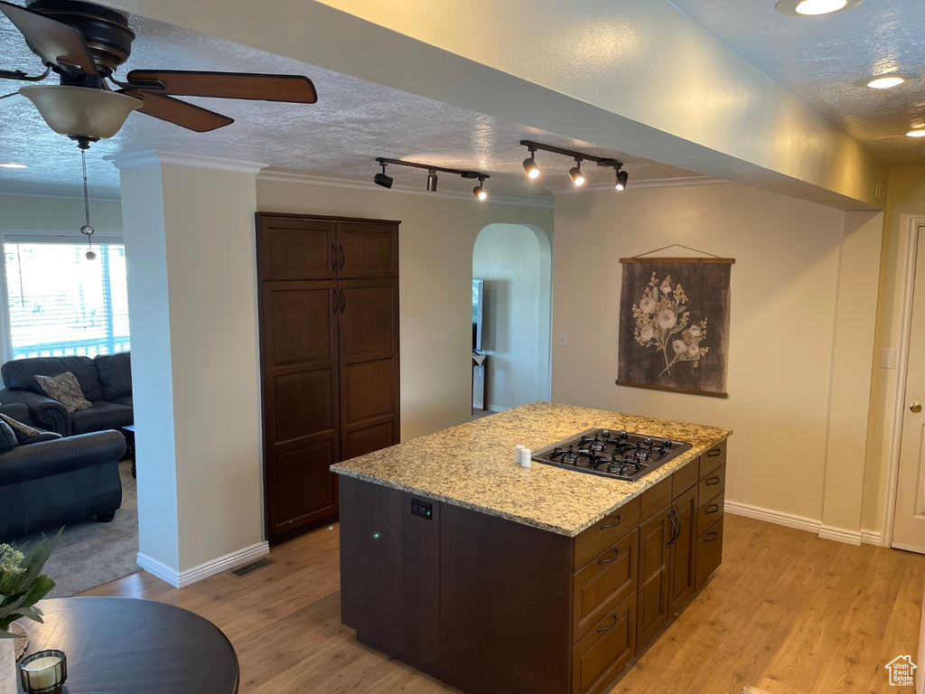 Kitchen featuring a ceiling fan, crown molding, arched walkways, light wood finished floors, and stainless steel gas stovetop