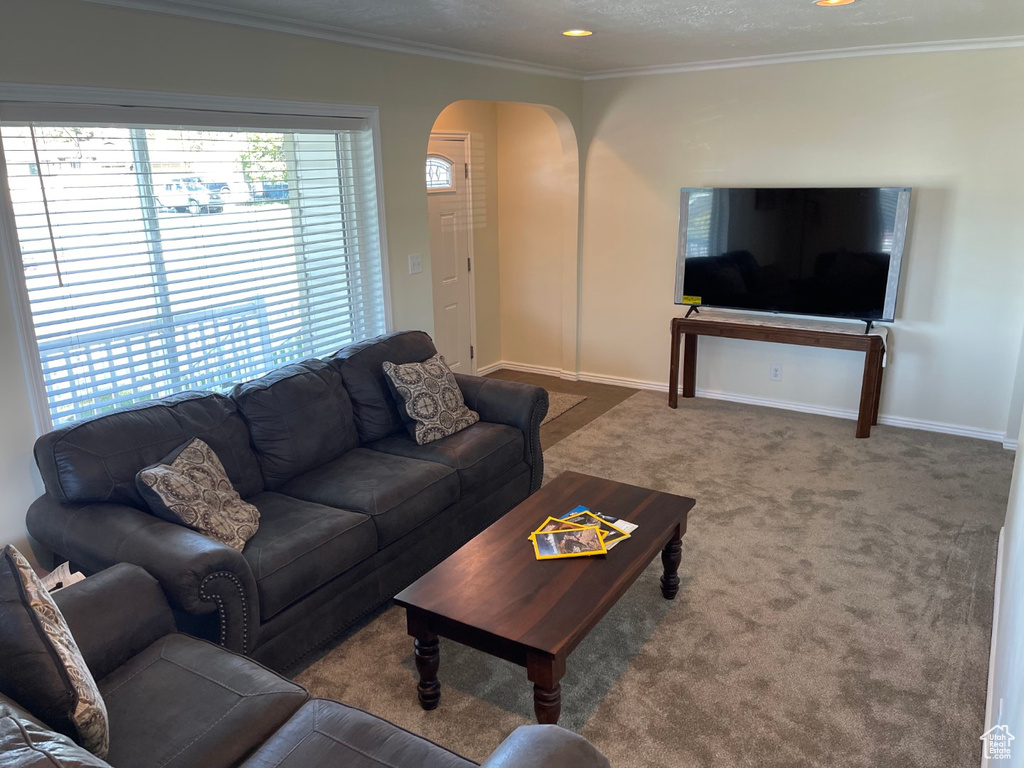 Carpeted living room with crown molding, arched walkways, baseboards, and recessed lighting