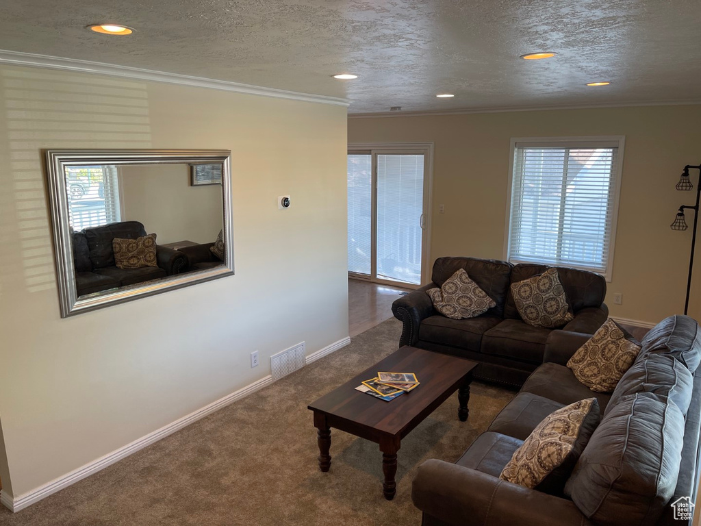 Carpeted living room featuring baseboards, recessed lighting, a healthy amount of sunlight, and visible vents