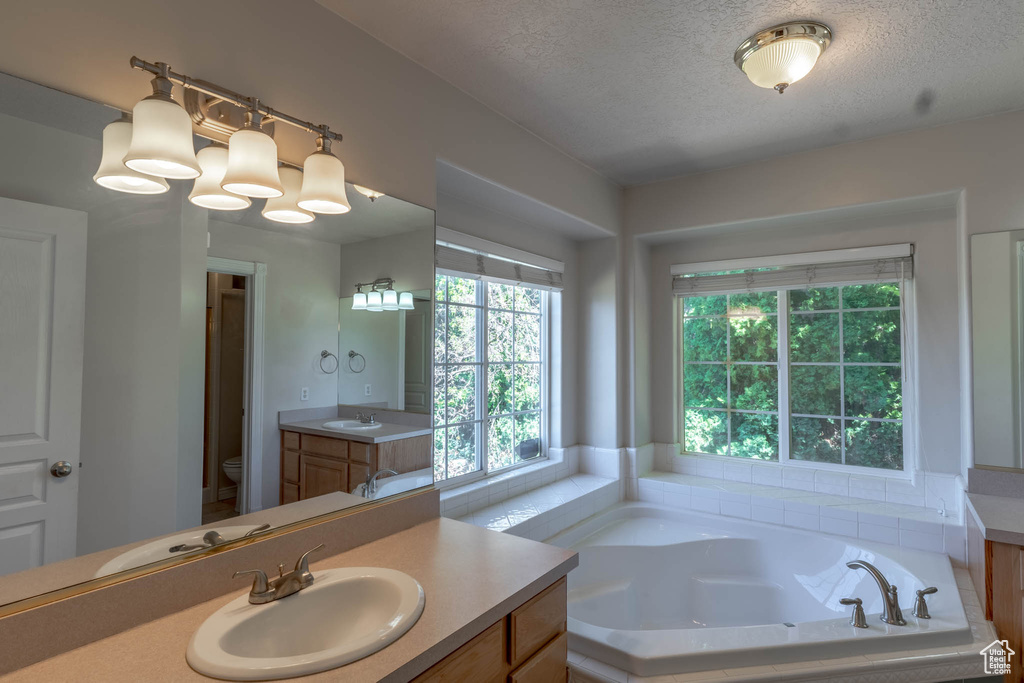 Bathroom with vanity, a textured ceiling, a bath, and toilet