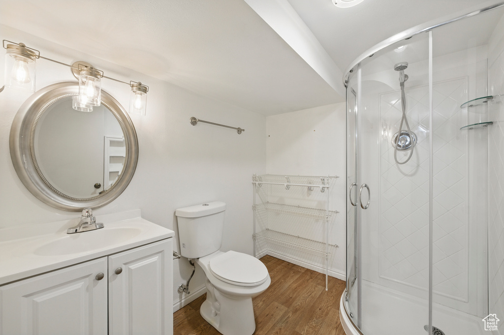 Full bathroom with vanity, toilet, wood finished floors, and a stall shower