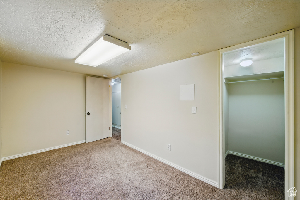 Interior space featuring carpet floors, a textured ceiling, baseboards, and a spacious closet