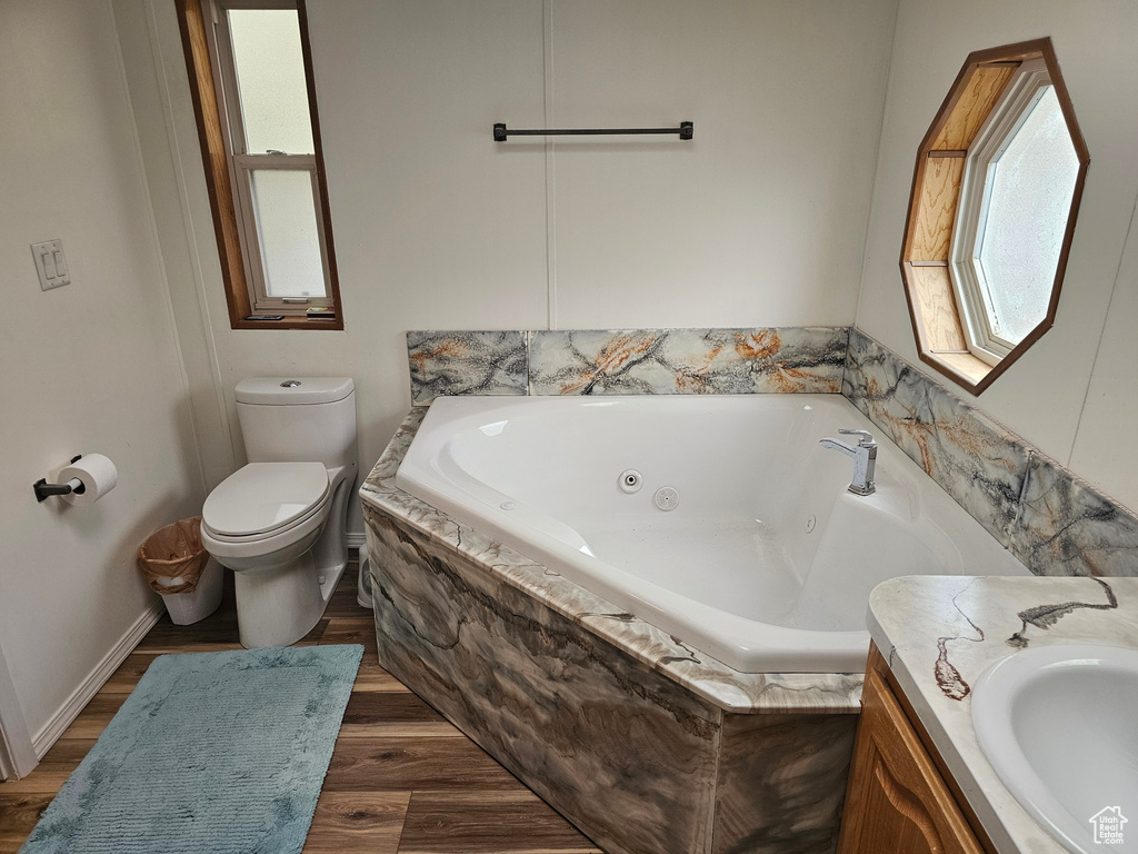 Bathroom featuring a tub with jets, wood finished floors, vanity, baseboards, and toilet
