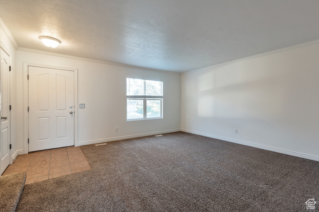Carpeted entrance foyer featuring crown molding, tile patterned floors, and baseboards