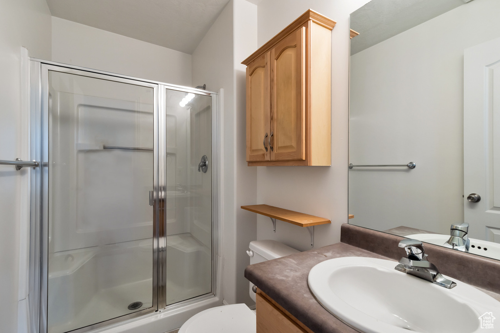 Full bathroom featuring vanity, a stall shower, and toilet