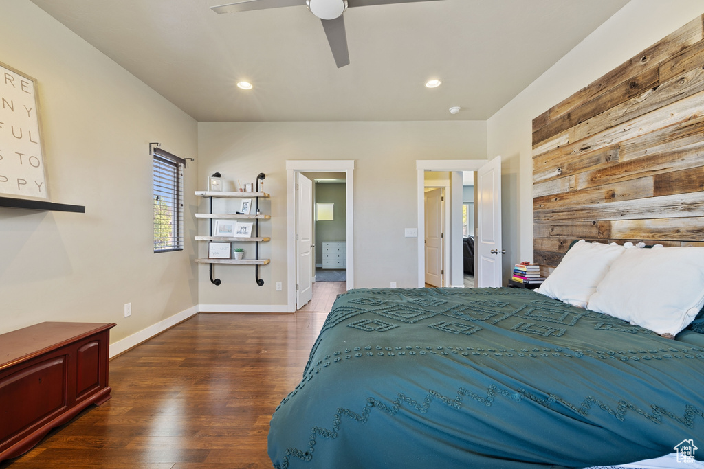 Bedroom featuring recessed lighting, a ceiling fan, baseboards, and wood finished floors