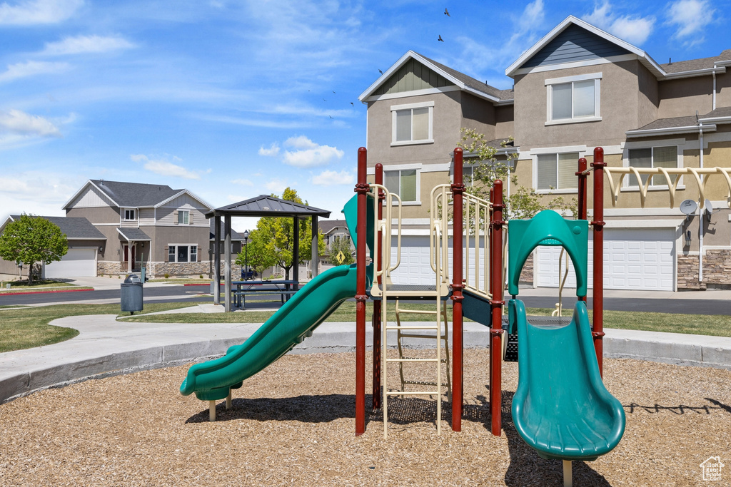Communal playground featuring a residential view