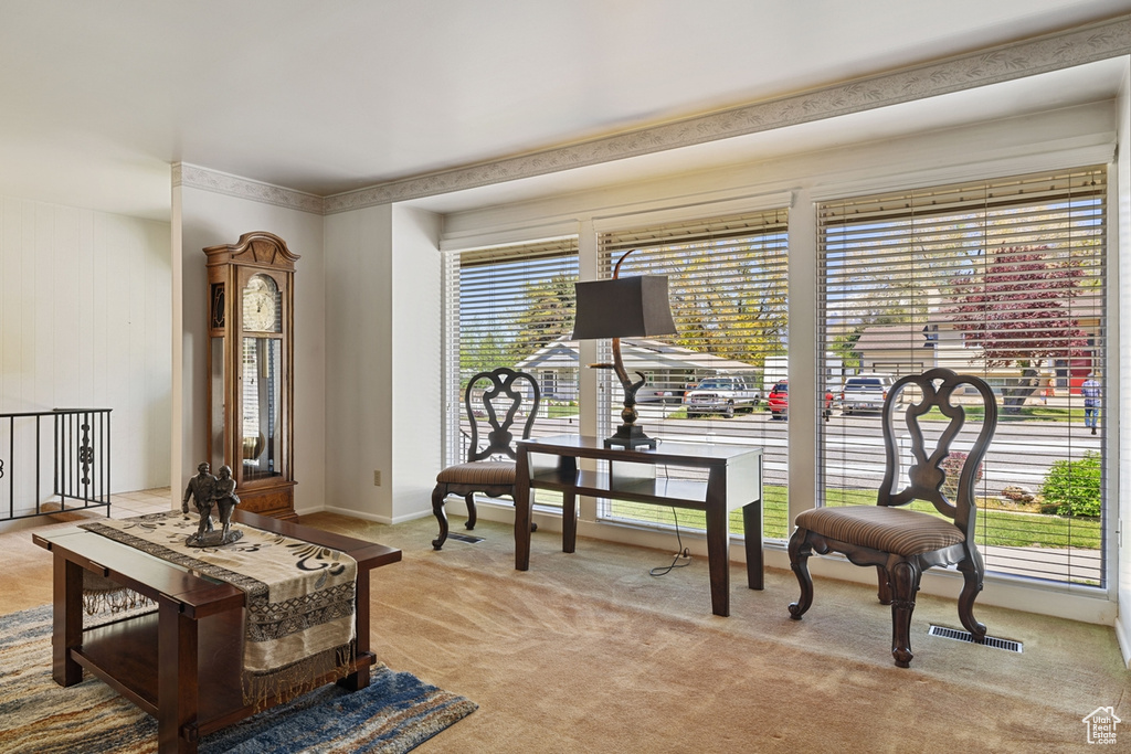 Sitting room featuring visible vents and light carpet