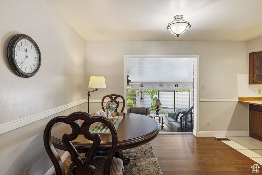 Dining room featuring baseboards, visible vents, and wood finished floors