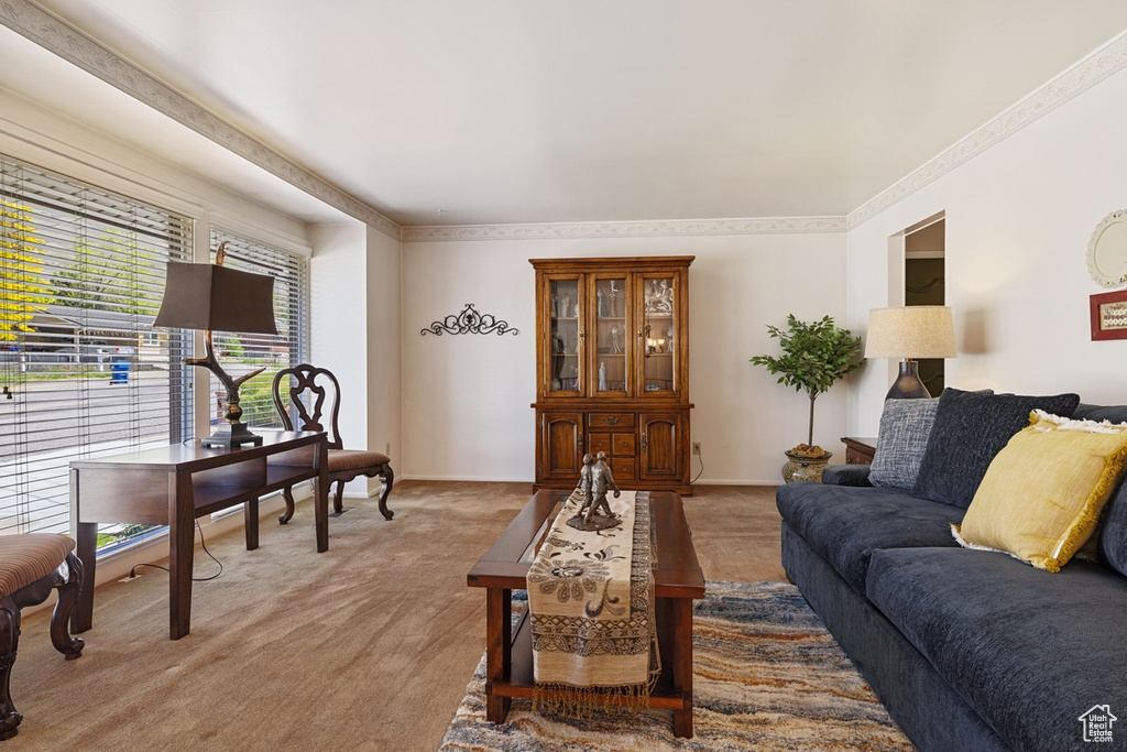 Living room featuring baseboards, light carpet, and a healthy amount of sunlight