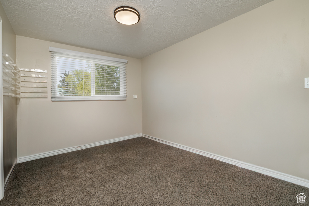 Empty room with baseboards, carpet, and a textured ceiling