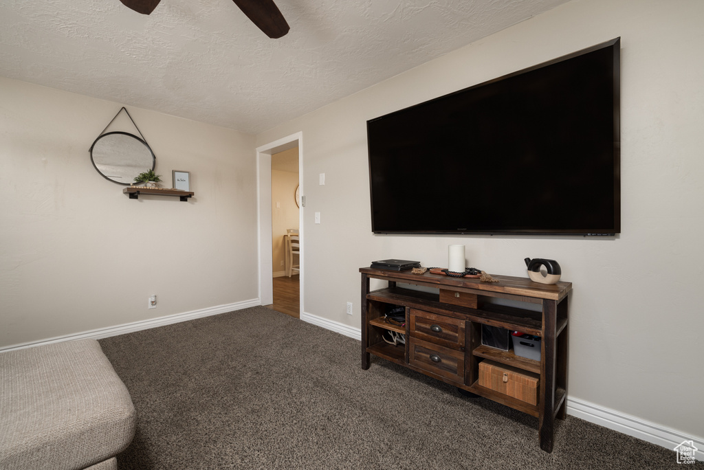 Living room with baseboards, a textured ceiling, carpet, and ceiling fan