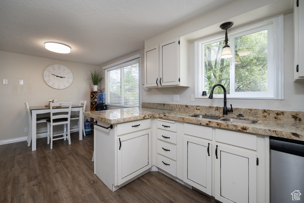 Kitchen featuring dark wood-style flooring, stainless steel dishwasher, a sink, a peninsula, and white cabinetry