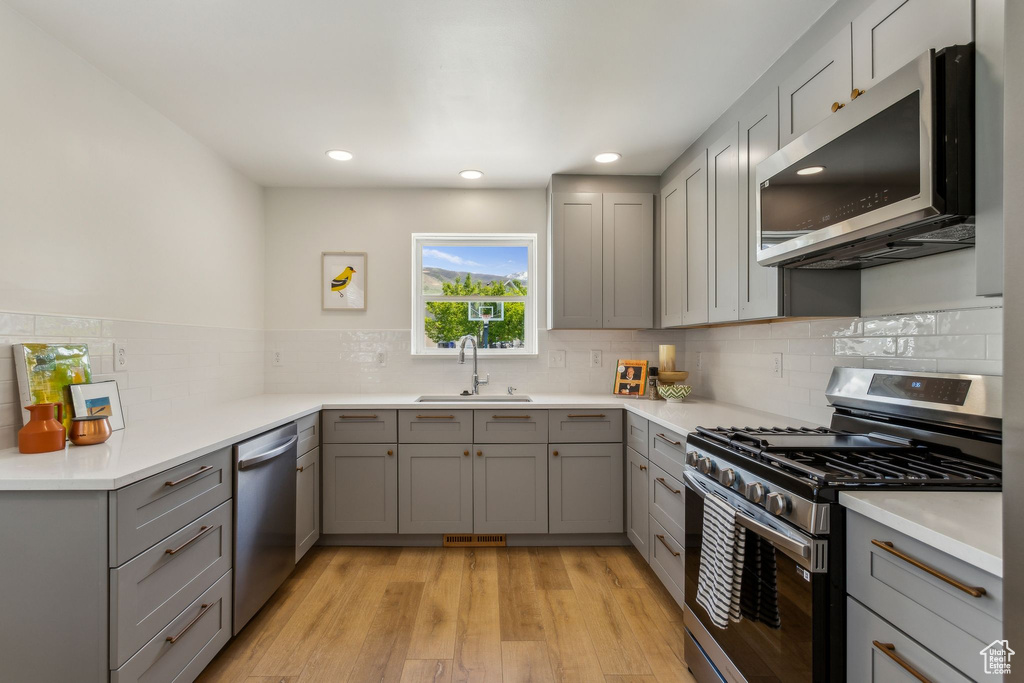 Kitchen featuring a sink, light wood-style floors, gray cabinets, stainless steel appliances, and tasteful backsplash