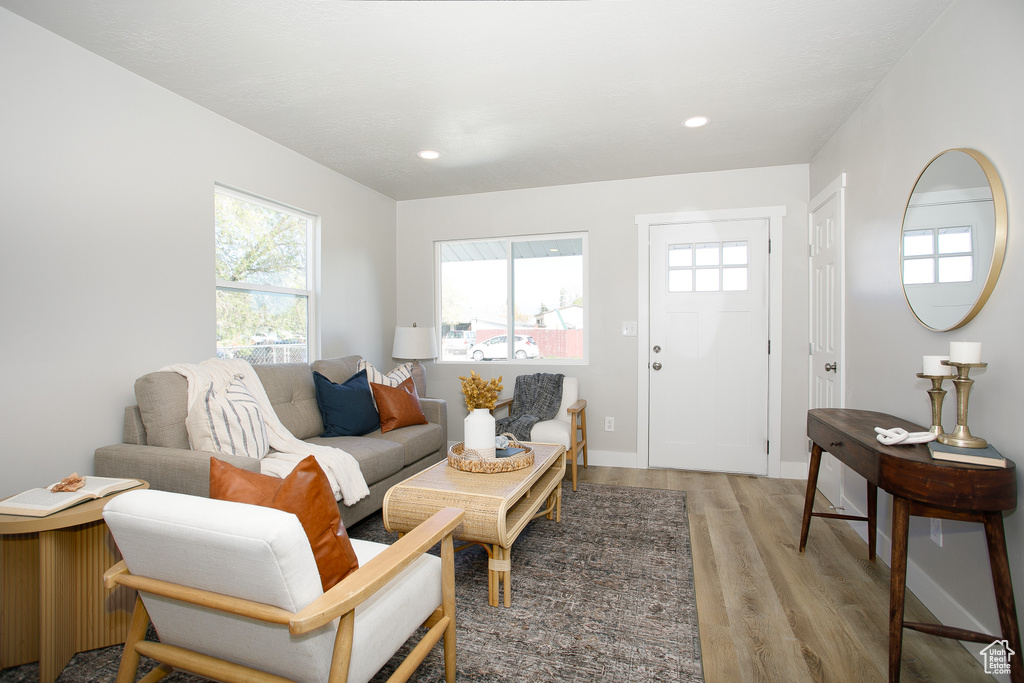 Living room with recessed lighting, a wealth of natural light, and light wood-style flooring