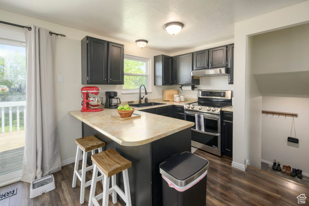 Kitchen featuring a sink, a peninsula, double oven range, a kitchen bar, and under cabinet range hood