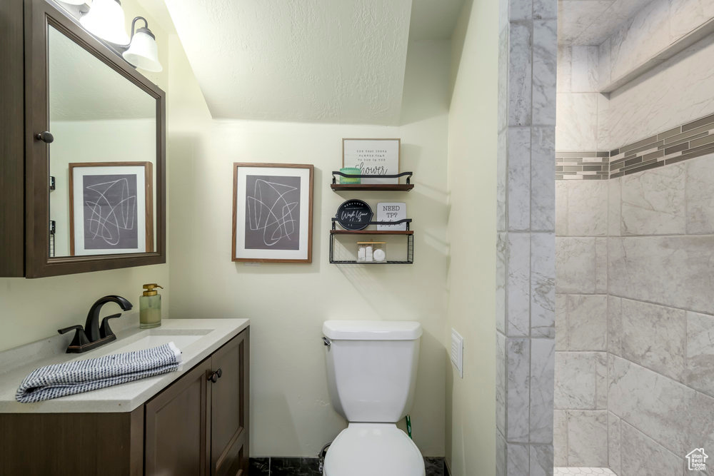 Bathroom with vanity, a tile shower, and toilet