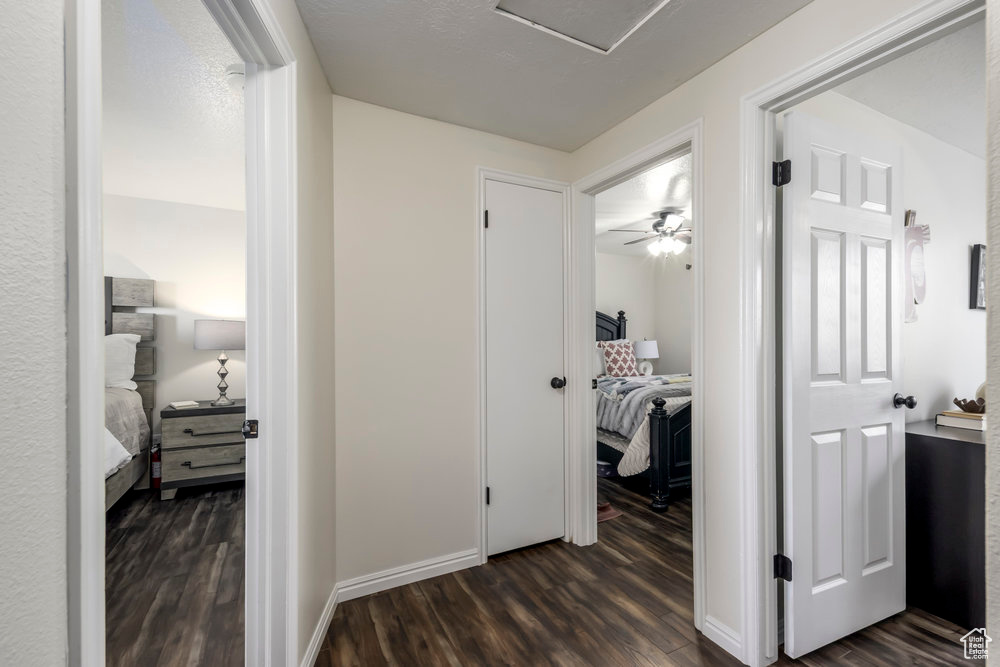 Hall with baseboards and dark wood-style floors