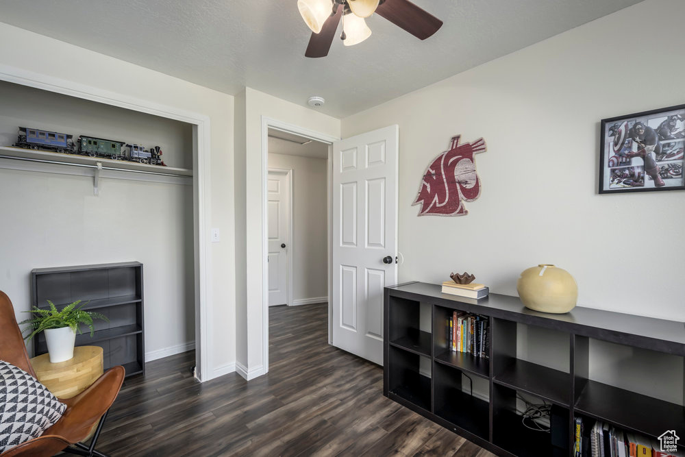 Living area with baseboards, a ceiling fan, and dark wood-style flooring