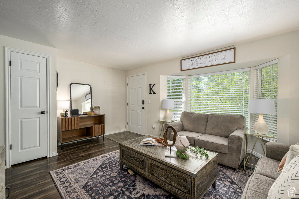 Living area featuring plenty of natural light, a textured ceiling, dark wood-type flooring, and baseboards