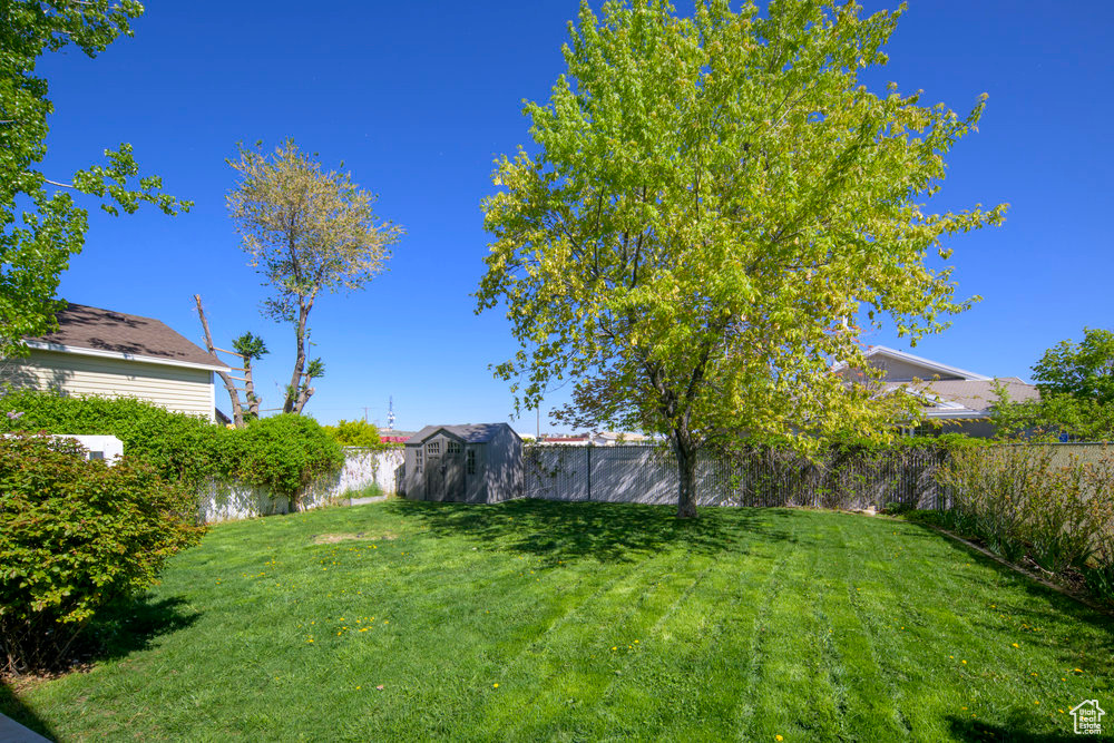 View of yard featuring a fenced backyard, an outbuilding, and a storage shed