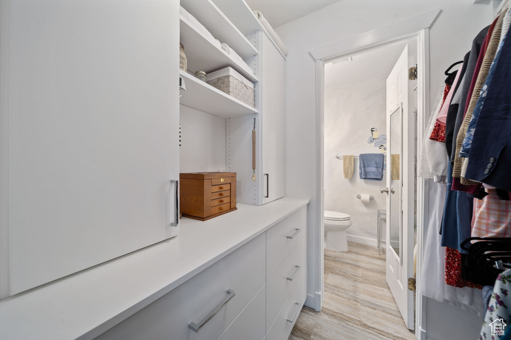 Spacious closet featuring light wood-style flooring