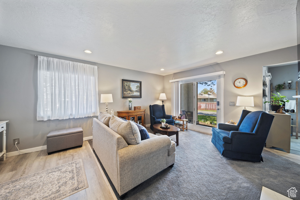 Living room with a textured ceiling, baseboards, recessed lighting, and wood finished floors
