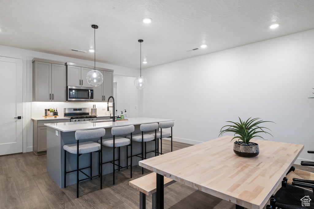 Kitchen with gray cabinetry, appliances with stainless steel finishes, a sink, and dark wood finished floors