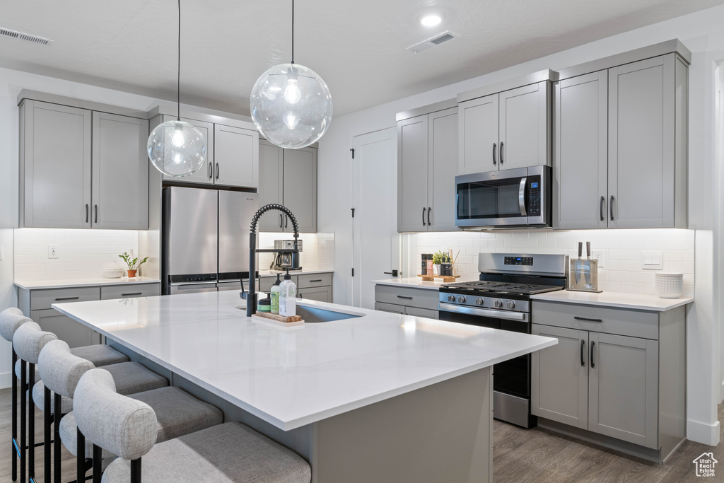 Kitchen with a sink, gray cabinets, stainless steel appliances, dark wood-type flooring, and visible vents