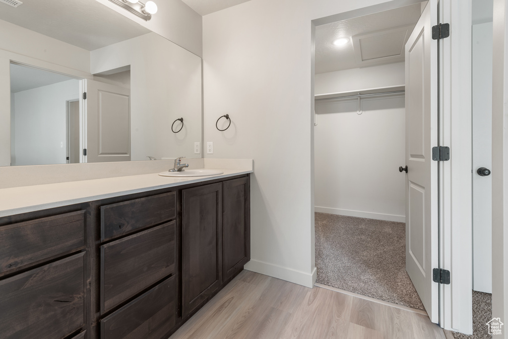Bathroom featuring vanity, baseboards, wood finished floors, and a spacious closet