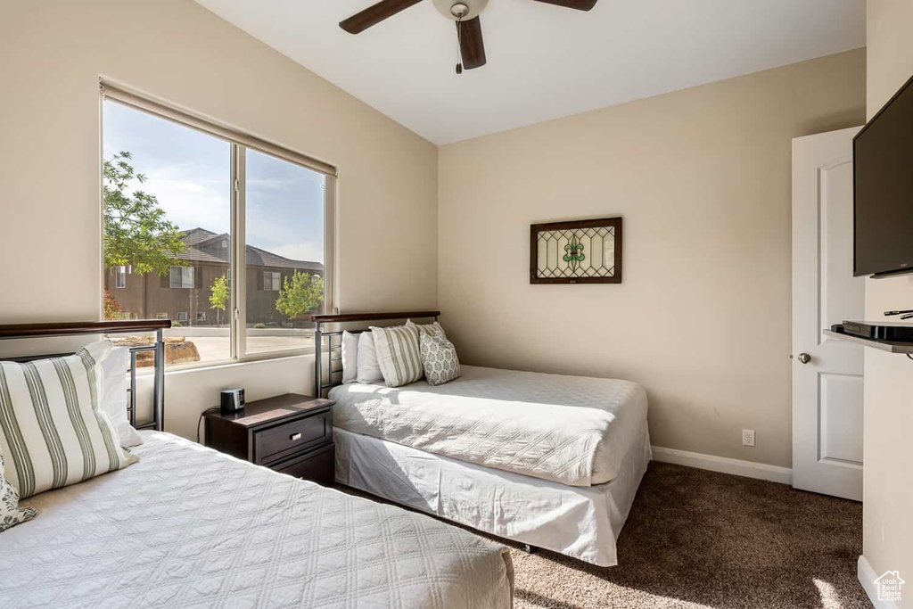 Carpeted bedroom with a ceiling fan, baseboards, and multiple windows