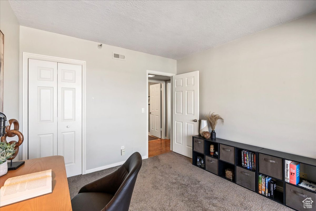 Carpeted office featuring visible vents and a textured ceiling
