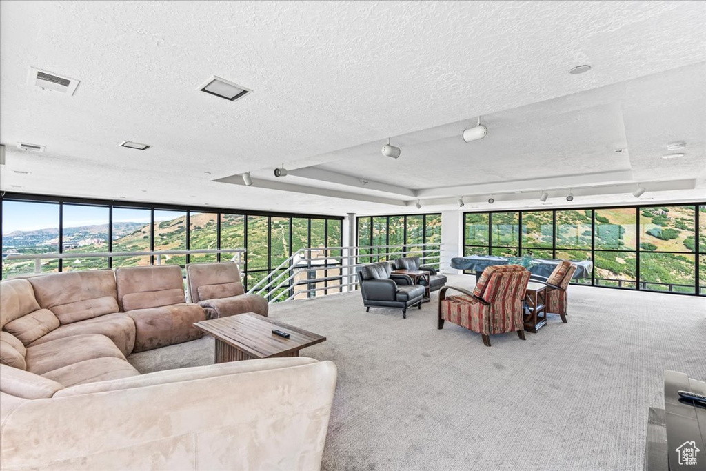 Living room with floor to ceiling windows, carpet flooring, a textured ceiling, and visible vents