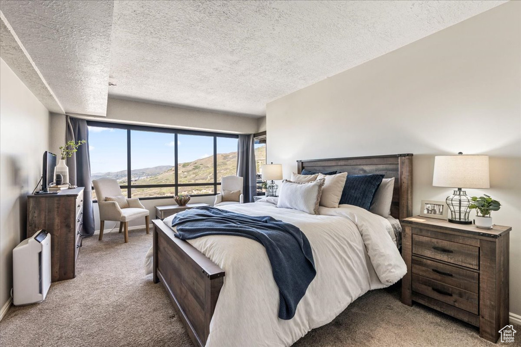 Bedroom featuring a textured ceiling and light colored carpet