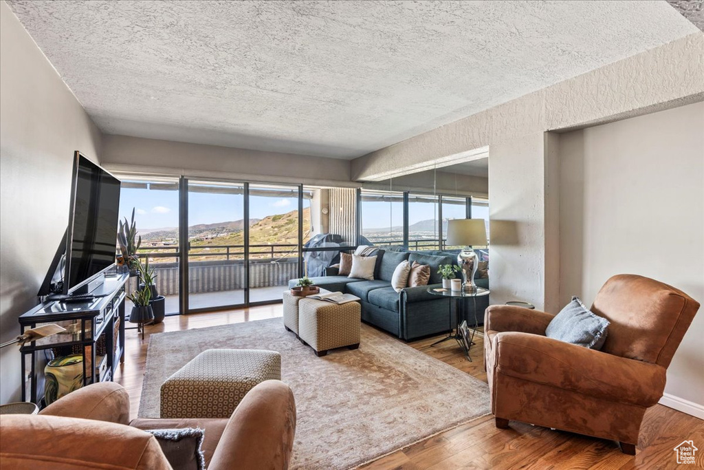 Living area featuring a textured ceiling and wood finished floors