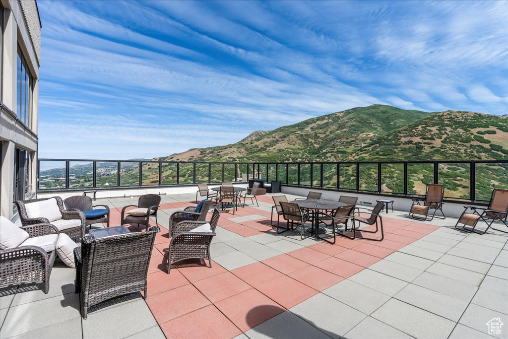 View of patio with a mountain view