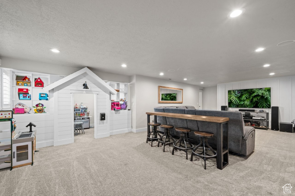 Rec room featuring carpet flooring, recessed lighting, and a textured ceiling