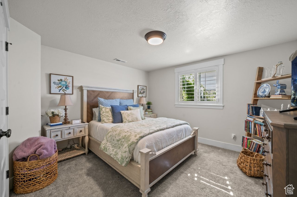 Carpeted bedroom featuring baseboards, a textured ceiling, and visible vents