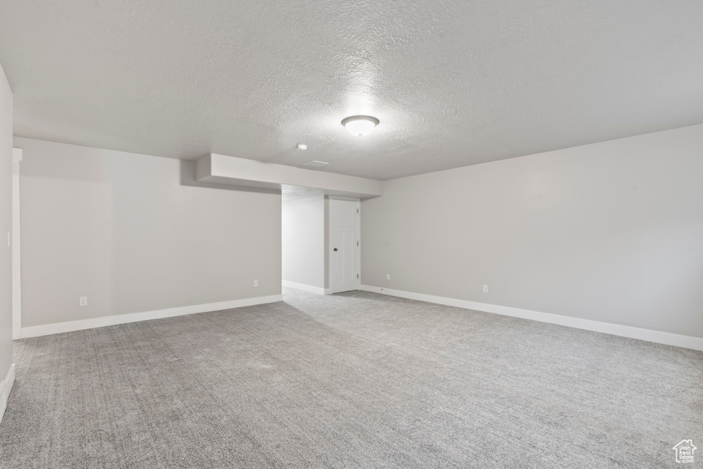 Interior space featuring baseboards, carpet, and a textured ceiling