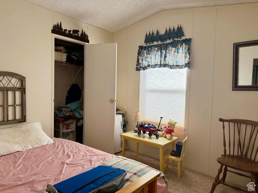Carpeted bedroom with a closet, a textured ceiling, and lofted ceiling