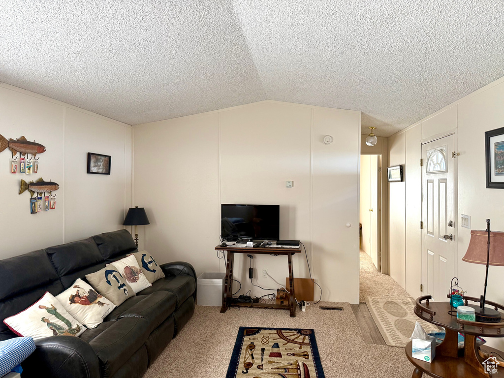 Carpeted living area with vaulted ceiling and a textured ceiling