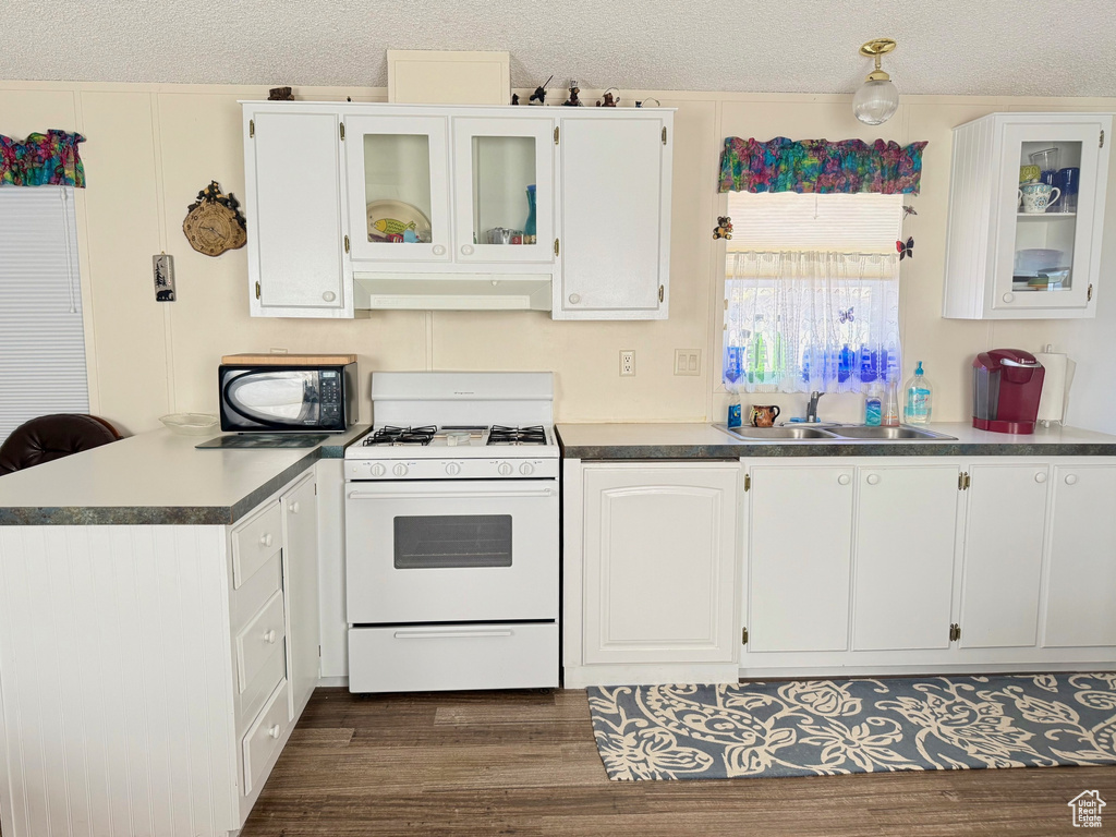 Kitchen featuring black microwave, gas range gas stove, dark wood-type flooring, under cabinet range hood, and a sink