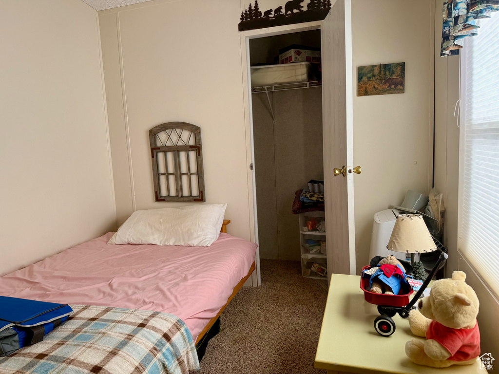 Carpeted bedroom with a closet