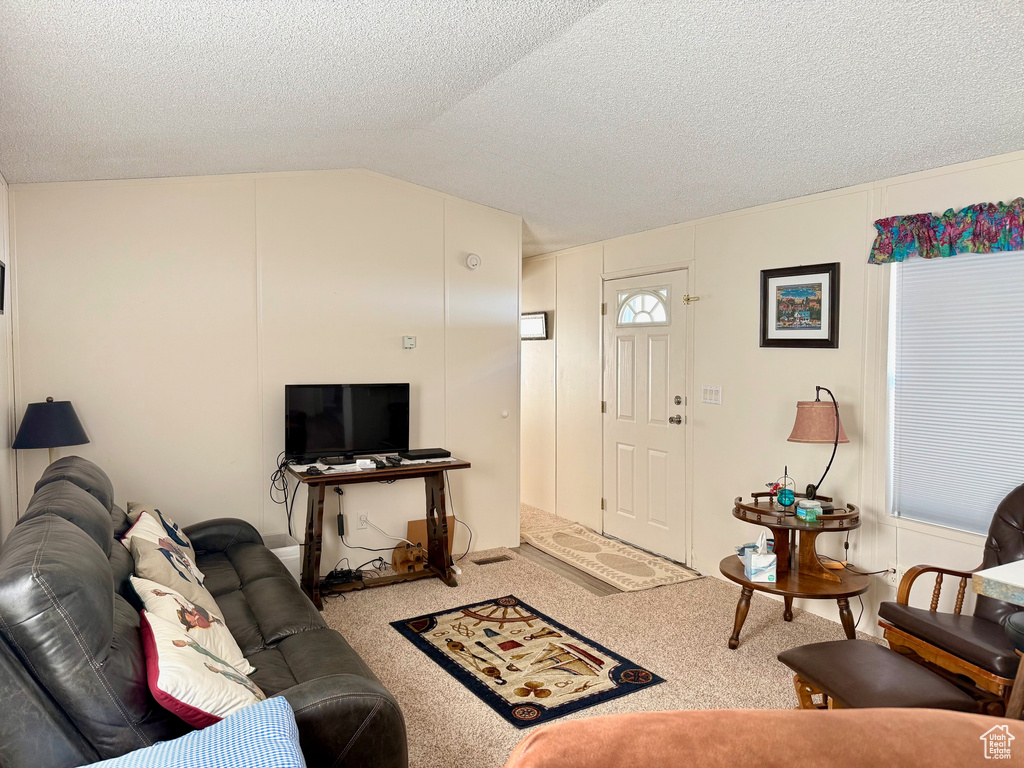 Living room with a textured ceiling, vaulted ceiling, and carpet