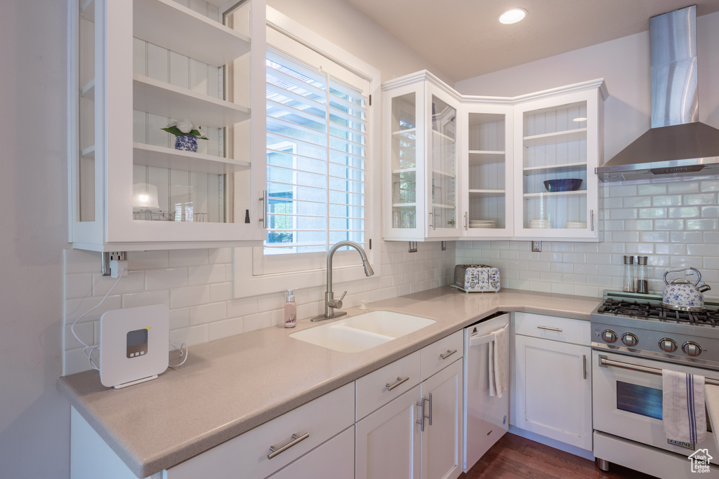 Kitchen with white dishwasher, wall chimney range hood, white cabinets, high end stove, and a sink