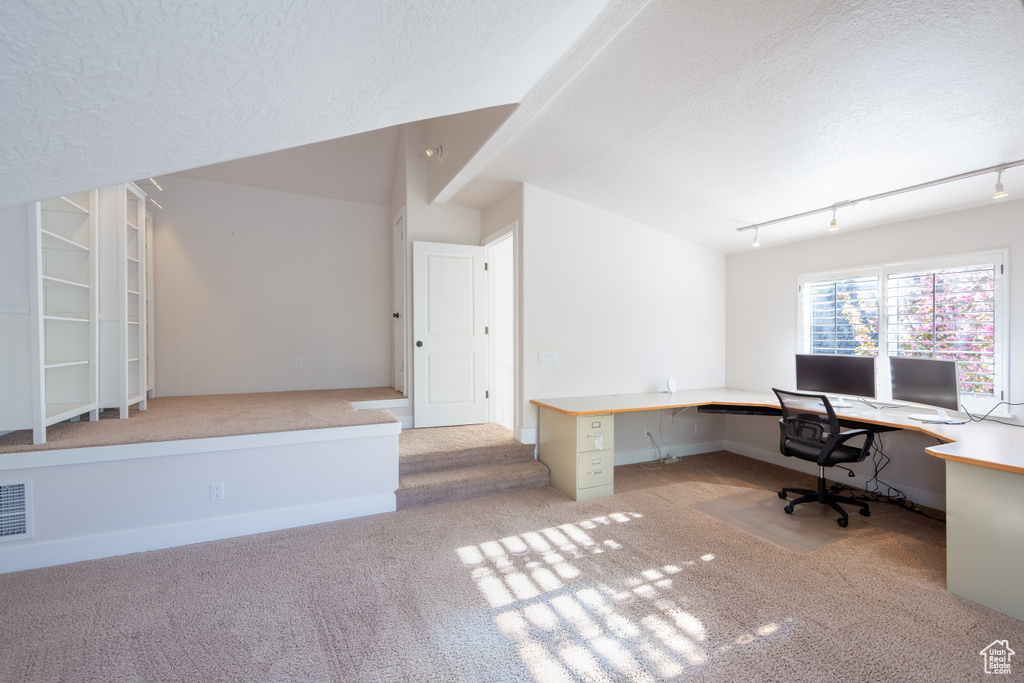 Office area featuring built in study area, carpet floors, a textured ceiling, rail lighting, and visible vents
