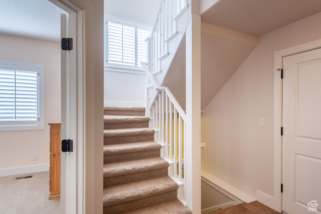 Stairway featuring baseboards, carpet, and visible vents