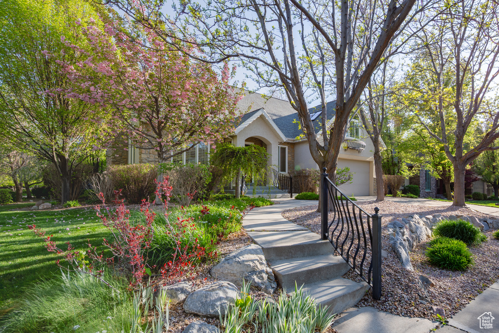 View of property hidden behind natural elements with a garage, stucco siding, a shingled roof, and concrete driveway