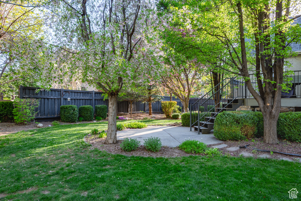 View of yard with fence, a patio, and stairway