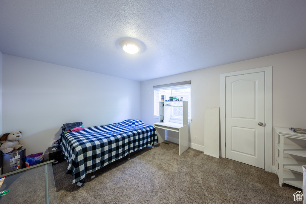 Carpeted bedroom with a textured ceiling